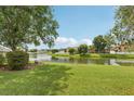 View of the grassy backyard looking out to a tranquil lake at 25737 Frith St, Land O Lakes, FL 34639