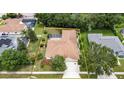 Aerial view of property with a screened-in pool and fenced backyard surrounded by mature trees at 1216 Fox Chapel Dr, Lutz, FL 33549