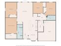 Detailed floor plan featuring three bedrooms, two bathrooms, and an open-concept living and kitchen area at 15442 Arvin Dr, Brooksville, FL 34604