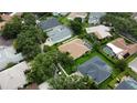 Aerial view of a neighborhood showcasing houses with manicured lawns and some with screened pools at 8731 Tantallon Cir, Tampa, FL 33647