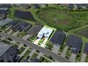 Expansive aerial view showcases a beautiful home and its location near a pond and lush greenery at 7201 Talamore Dr, Wesley Chapel, FL 33545