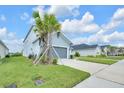 Two-story home with a well-manicured lawn, two-car garage, and driveway; palm trees on the left at 7201 Talamore Dr, Wesley Chapel, FL 33545