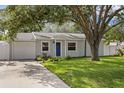Charming single-story home featuring a well-manicured lawn and a blue front door under the shade of a mature tree at 4717 W Anita Blvd, Tampa, FL 33611