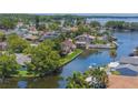 Aerial view of waterfront homes with lush green landscaping and boat docks on the water at 33 Cypress Dr, Palm Harbor, FL 34684