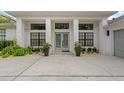 Elegant front entrance with double glass doors, columns, and manicured landscaping at 3612 Cordgrass Dr, Valrico, FL 33596