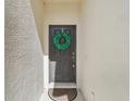 Inviting front door adorned with a festive wreath and a decorative welcome mat at 4935 White Sanderling Ct, Tampa, FL 33619