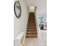 Carpeted staircase leading to the upper level, showcasing modern design at 4935 White Sanderling Ct, Tampa, FL 33619