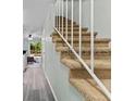 Carpeted staircase with white railings, leading to an open-concept kitchen and living area at 12336 Villager Ct, Tampa, FL 33625