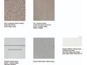 Selection of interior finishes for the home, featuring carpet, tile, quartz counters, and cabinet colors at 13236 Stable Pl, Parrish, FL 34219