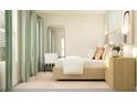 Serene bedroom featuring a plush bed, large mirror, light-filtering curtains, and soft neutral tones at 8434 Course Br, New Port Richey, FL 34655