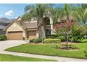Charming home with a lush green lawn, mature landscaping, and a beautiful crape myrtle tree at 23346 Abercorn Ln, Land O Lakes, FL 34639