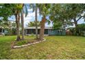 Lush backyard featuring mature palm trees and a well-maintained lawn at 911 Sago Palm Way Way, Apollo Beach, FL 33572