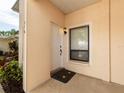Inviting front entrance with a black welcome mat, stylish light fixture, and adjacent window at 316 Kelsey Way # 316, Sun City Center, FL 33573