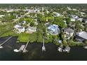 Aerial view of waterfront home with private dock and lush landscaping at 761 Soundview Dr, Palm Harbor, FL 34683