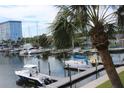 Waterfront view of boats docked at marina, palm trees and building at 5157 Silent Loop # 302, New Port Richey, FL 34652