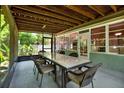 Covered patio with a dining table and wicker chairs, overlooking the backyard at 2499 Indigo Dr, Clearwater, FL 33763