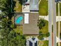 Aerial view of home with a screened in pool, fenced yard and mature landscaping at 1549 Linwood Dr, Clearwater, FL 33755