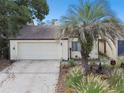 Charming home featuring a manicured lawn, a front garage, and a beautiful palm tree at 7518 Clanton Trl, Hudson, FL 34667