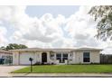 The front of a cozy home showcasing landscaping and a decorative front door and attached garage at 1172 Chelsea Ln, Holiday, FL 34691