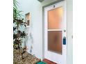 Condo unit's front door with frosted glass panels and adjacent landscaping at 2570 Gary Cir # 3, Dunedin, FL 34698