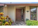 Front entry with a brown door and decorative landscaping at 7988 Ravenwood Cv, Spring Hill, FL 34606