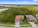 Expansive aerial view of a home with a tile roof and lush landscaping surrounded by trees and nature at 32924 Estate Garden Dr, Wesley Chapel, FL 33545