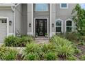 Close-up of front entrance showcasing the black double door and manicured landscaping at 32924 Estate Garden Dr, Wesley Chapel, FL 33545