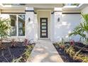 Inviting entrance with modern door, lush landscaping, and stylish outdoor lighting at 9229 Creston Ave, New Port Richey, FL 34654