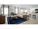 Spacious living area with sofa, ottoman, and stylish blue rug at 14300 Whitewater Way, Brooksville, FL 34604