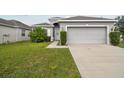 Single-story home with gray exterior, two-car garage, and landscaped lawn at 14502 Potterton Cir, Hudson, FL 34667