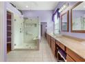 Primary bathroom with walk-in shower, double vanity and purple walls at 13931 Chandron Dr, Odessa, FL 33556