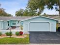 Front view of a light blue house with garage and landscaping at 12031 Boynton Ln # B, New Port Richey, FL 34654