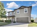 Two-story house with gray siding, brown garage door, and landscaping at 4166 Sand Ridge Blvd, Spring Hill, FL 34609