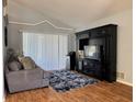 Cozy living room featuring a sofa, area rug, media cabinet, and large window at 1249 Mazarion Pl, Trinity, FL 34655