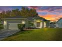 Evening view of house exterior with green color, two-car garage, and well-manicured lawn at 12739 Balsam Ave, Hudson, FL 34669