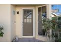 Front entry with a brown door, security screen, and sidelights at 4808 Vesper Ct, New Port Richey, FL 34655