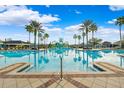 Community pool featuring a splash pad, palm trees, and clear blue skies at 9173 Shadyside Ln, Land O Lakes, FL 34637