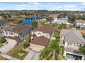 Aerial view of beautiful homes near a pond, showcasing landscaping and backyard features at 18819 Sunterra Dr, Land O Lakes, FL 34638