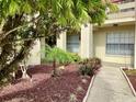 Professionally landscaped building entrance with vibrant plantings, mulch, and manicured lawn, enhancing curb appeal at 4529 Whitton Way # 214, New Port Richey, FL 34653