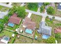 Aerial view of a neighborhood with multiple homes, each featuring private swimming pools and well-kept yards at 2013 Meredith Dr, Spring Hill, FL 34608