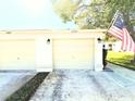 Two-car garage with traditional doors and an American flag flying nearby at 11737 Spring Tree Ln, Port Richey, FL 34668