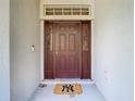 Inviting front entryway featuring a decorative door with sidelights and a stylish welcome mat at 469 Fairbanks Rd, Spring Hill, FL 34608