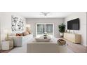 Living room boasts contemporary design with neutral tones, stylish seating, and sliding glass doors at 8828 Mississippi Run, Weeki Wachee, FL 34613