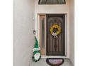 Close-up of a welcoming front door adorned with a wreath and a cute St. Patrick's Day gnome at 9336 Creekside Ct, Hudson, FL 34669