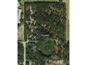Aerial view shows a large parcel of land, featuring a cottage, a duplex, a garage, and a pond at 11617 Duda Rd, Hudson, FL 34667