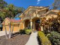 Beautiful single-story home with well-kept landscaping and a paved walkway leading to the front door at 2806 Grey Oaks Blvd, Tarpon Springs, FL 34688