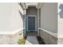 Close-up of a stylish gray front door framed by stone accents and a well-maintained walkway at 3667 Autumn Amber Dr, Spring Hill, FL 34609