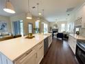 Bright, modern kitchen with stainless steel appliances, pendant lighting and an expansive island for dining at 6393 Pinehurst Dr, Spring Hill, FL 34606