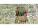 A serene aerial view showcases the property with an in-ground pool, lush greenery, and a defined lot line at 19019 3Rd Ne St, Lutz, FL 33549