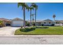 Beautiful home featuring a green lawn, mature palm trees, and a paved driveway leading to the attached garage at 3616 Harborview Ct, New Port Richey, FL 34652